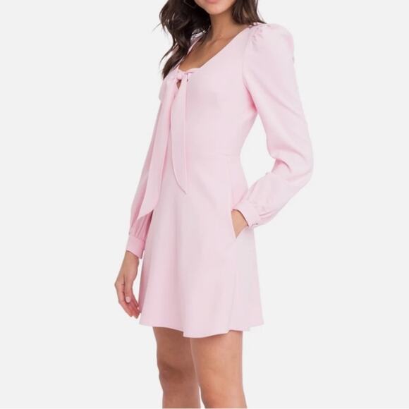 Black Halo Ellen Mini Dress Pink Bow Tie Puff Sleeve Preppy Coquette 8 $375 - Picture 2 of 12